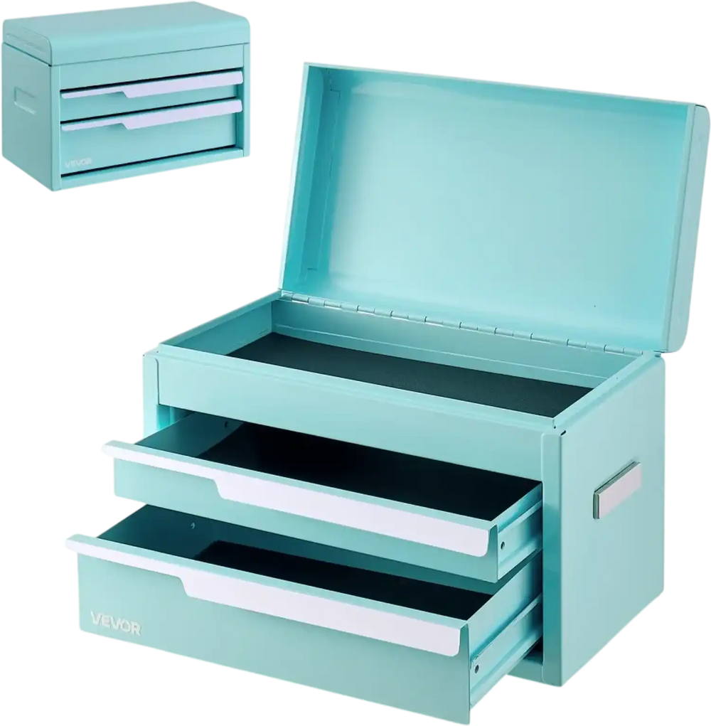 VEVOR Steel Tool Box with 2 Drawers and Top Storage Portable Metal Toolbox, for Garage Workshop Repair Shop Workbench, Magnetic Design, Heavy Duty Tool Storage Cabinet Organizer, with Liners, Green