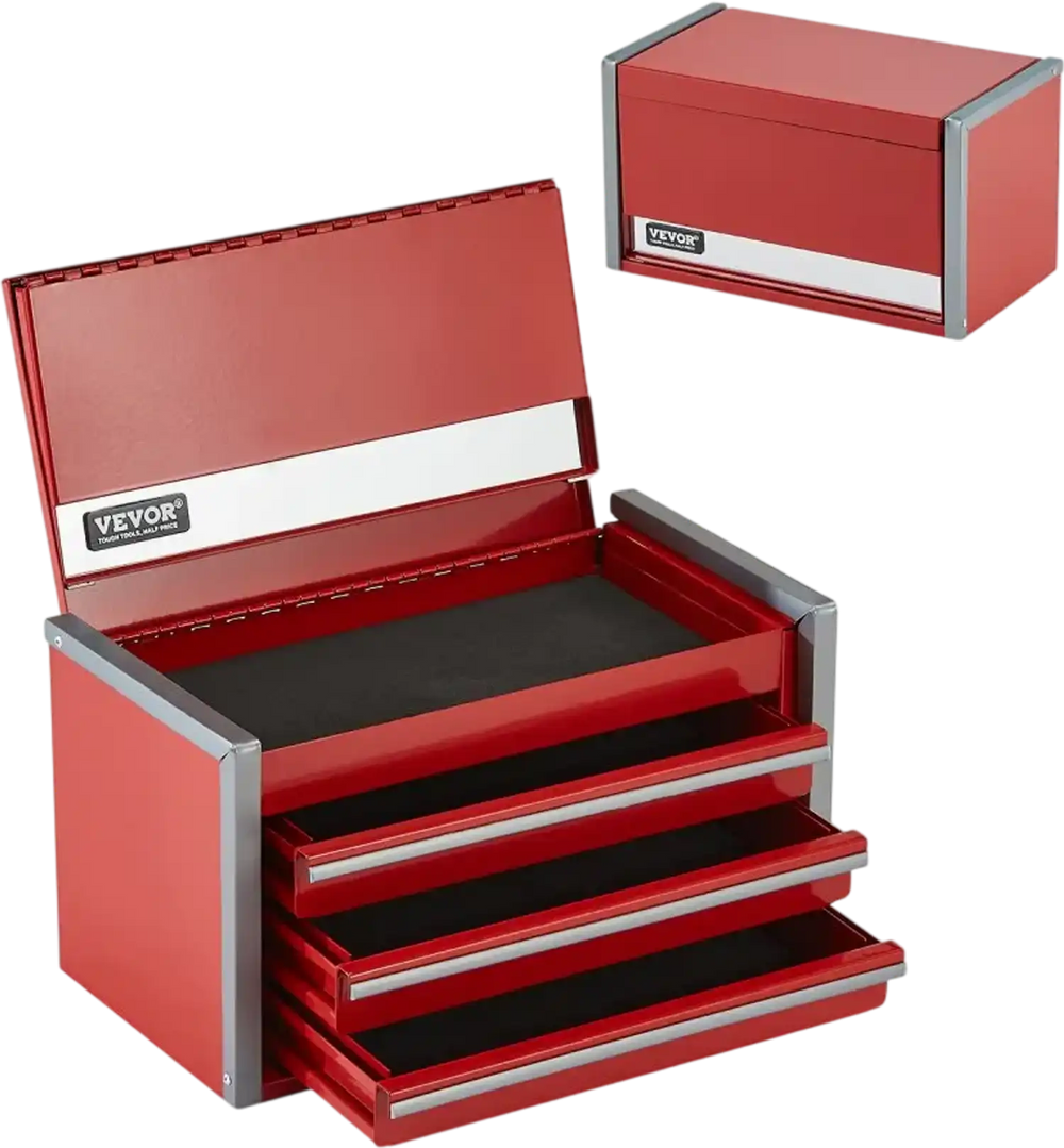 VEVOR Metal Tool Box, 8.6-inch, Portable Metal Tool Box with 3 Drawers, Small Tool Chest with EVA Liners and PP Feet Pads, Heavy-Duty Steel With Ball Bearing Opening and Powder Coated Finish, Red