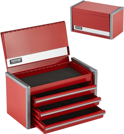 VEVOR Metal Tool Box, 8.6-inch, Portable Metal Tool Box with 3 Drawers, Small Tool Chest with EVA Liners and PP Feet Pads, Heavy-Duty Steel With Ball Bearing Opening and Powder Coated Finish, Red
