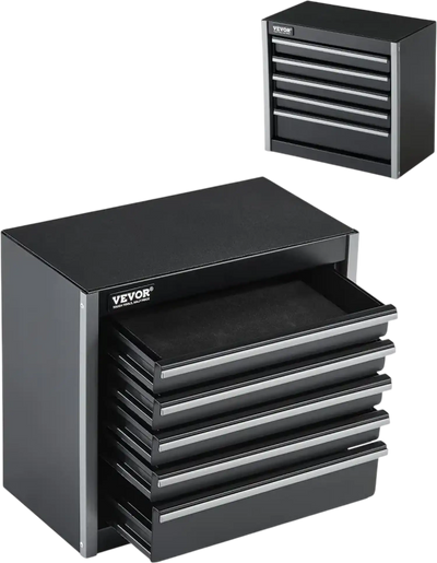 VEVOR Metal Tool Box, 8.6-inch, Portable Metal Tool Box with 5 Drawers, Small Tool Chest with EVA Liners and PP Feet Pads, Heavy-Duty Steel With Ball Bearing Opening and Powder Coated Finish, Black