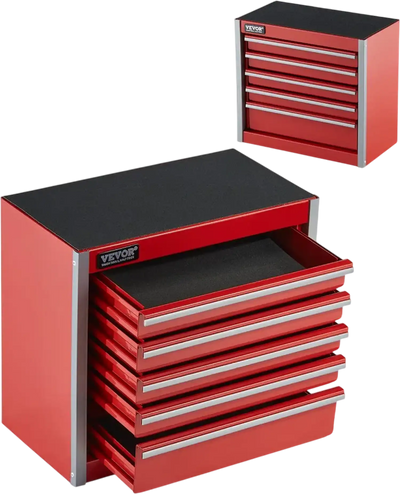 VEVOR Metal Tool Box, 8.6-inch, Portable Metal Tool Box with 5 Drawers, Small Tool Chest with EVA Liners and PP Feet Pads, Heavy-Duty Steel With Ball Bearing Opening and Powder Coated Finish, Red