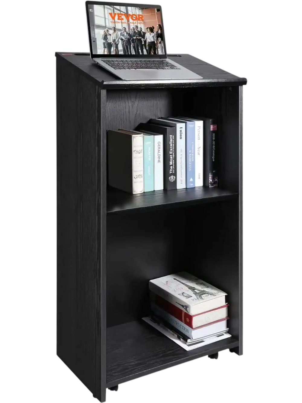 VEVOR Podium Stand, 47 in Hostess Stand with 4 Rolling Wheels, Wood Podium with Storage Shelves, and Slant Desktop, Lecterns & Podiums for Church, Office, School, Home, Black
