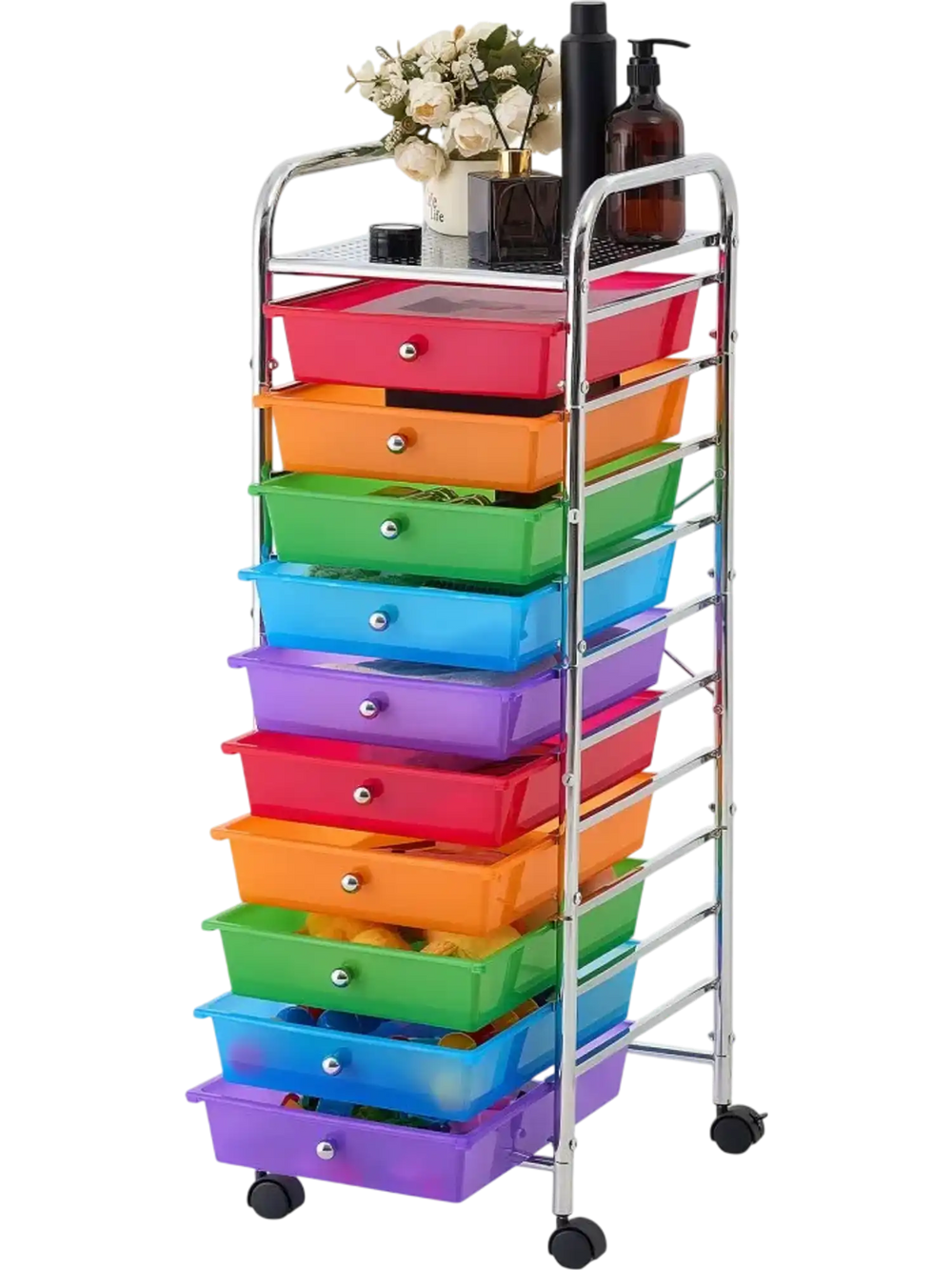 VEVOR Rolling Cart with Drawers, 10 Drawer Storage Organizer, Mobile Utility Cart with Steel Frame, Universal Casters & 2 Brakes, Great for Office, Classroom, Craft Tools, Garage, Studio, Rainbow