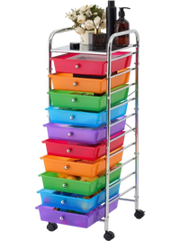 VEVOR Rolling Cart with Drawers, 10 Drawer Storage Organizer, Mobile Utility Cart with Steel Frame, Universal Casters & 2 Brakes, Great for Office, Classroom, Craft Tools, Garage, Studio, Rainbow
