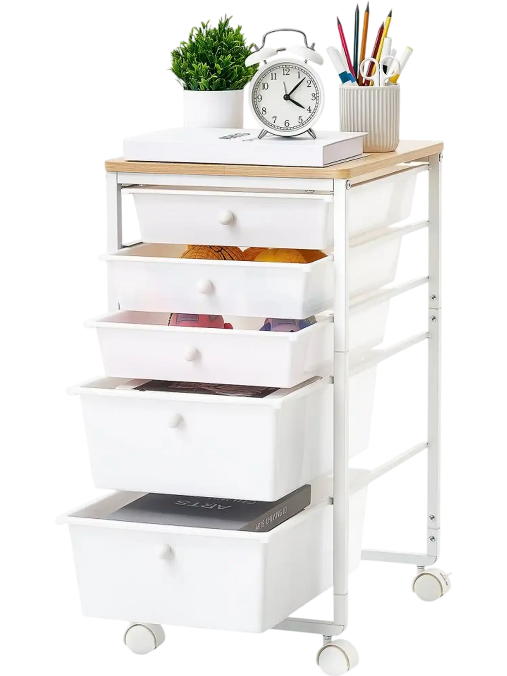 VEVOR Rolling Cart with Drawers, 5 Drawer Storage Organizer, Mobile Utility Cart with Wood Top, Steel Frame, Universal Casters & 2 Brakes, for Office, Classroom, Craft Supplies, Bedroom, Makeup, White