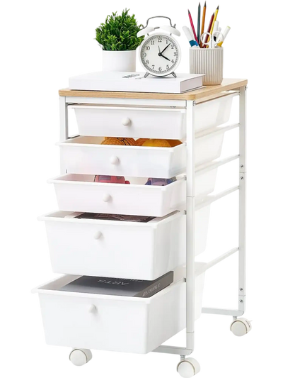 Vevor Rolling Cart 5-Drawer Storage Organizer with Wood Top White New