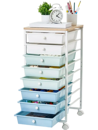 VEVOR Rolling Cart with Drawers, 8 Drawer Storage Organizer, Mobile Utility Cart with Wood Top, Steel Frame, Universal Casters & 2 Brakes, for Office, Classroom, Craft Supplies, Bedroom, Green Blue