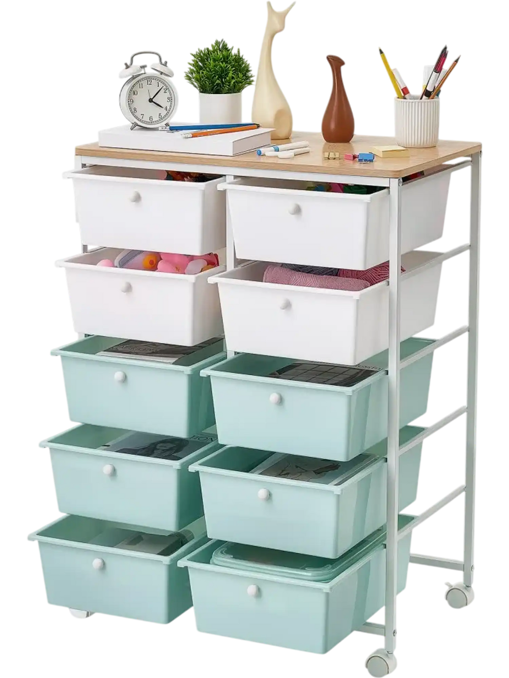 VEVOR Rolling Cart with Drawers, Double Row 10 Drawer Storage Organizer, Mobile Utility Cart, Wood Top, Steel Frame, Universal Casters & 2 Brakes, for Office, Classroom, Craft Room, Studio, Blue White