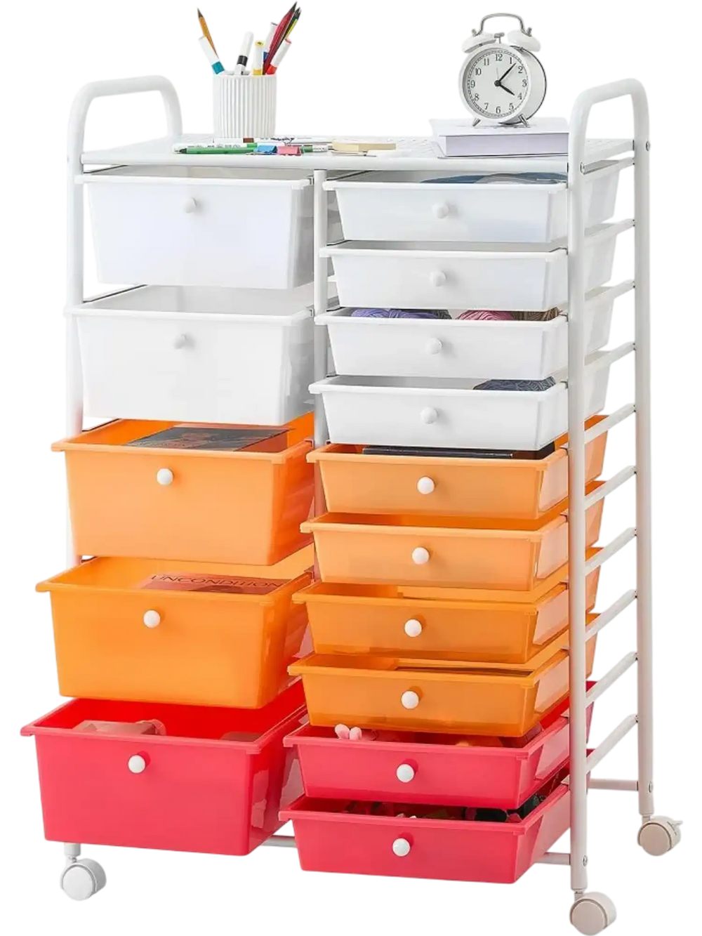 VEVOR Rolling Cart with Drawers, Double Row 15 Drawer Storage Organizer, Mobile Utility Cart, Steel Frame, Universal Casters & 2 Brakes, for Office, Classroom, Craft Room, Studio, Garage, Gradient Red