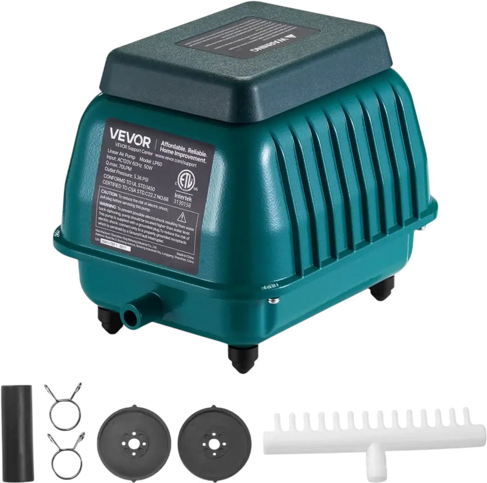 VEVOR Linear Air Pump, 1110 GPH Air Flow, Septic Aerator Pump, Aeration System for 10 ft Deep Ponds, Fit for Septic Tanks, Aquariums, Waste Treatment, Seafood Restaurants, Fish Farms, Hydroponics