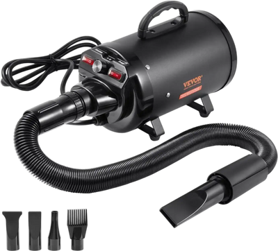 VEVOR Dog Dryer, 2000W/2.7HP Dog Blow Dryer, Pet Grooming Dryer with Adjustable Speed and Temperature Control, Pet Hair Dryer with 4 Nozzles and Extendable Hose, Black