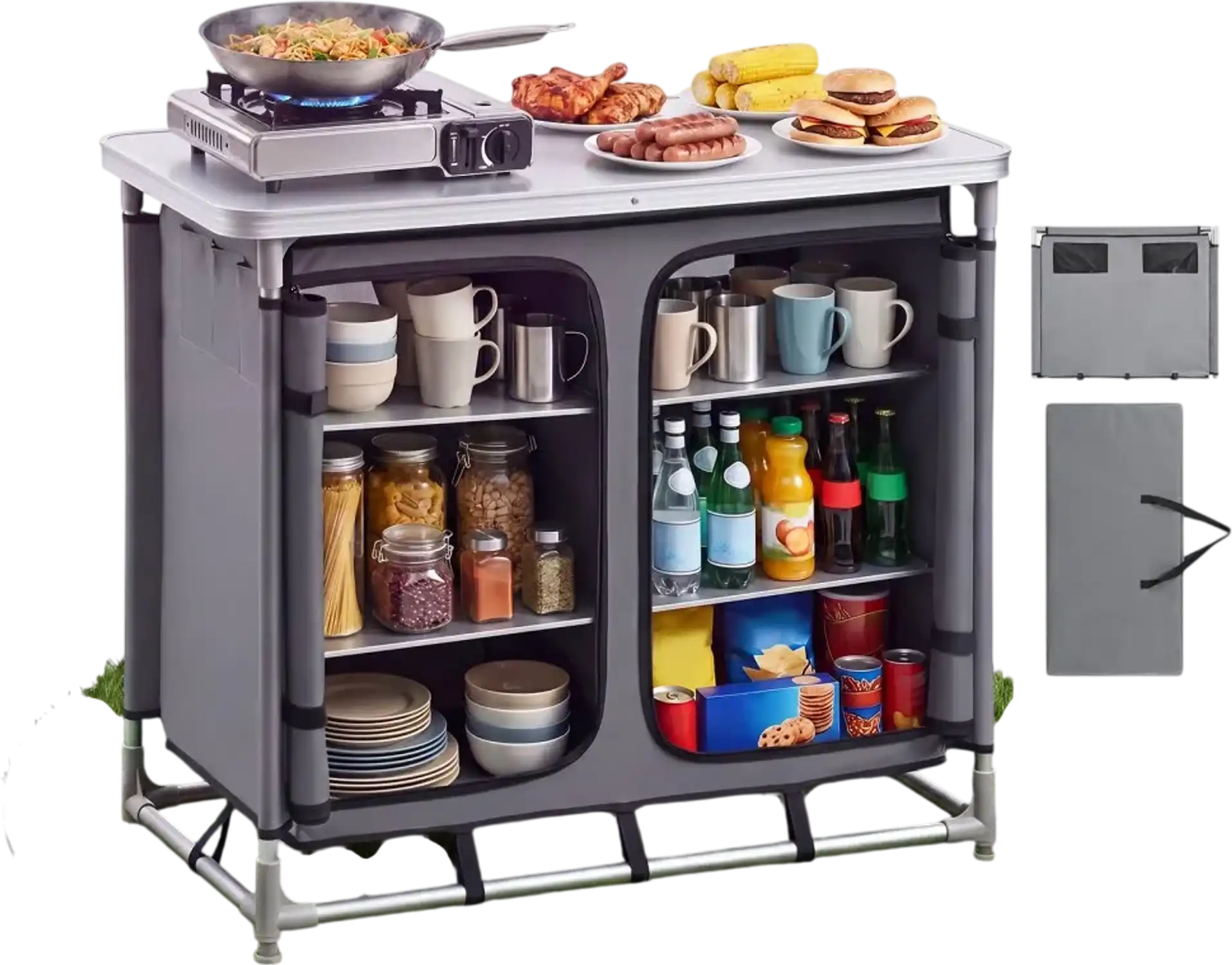 Vevor Camping Storage Cabinet Portable Aluminum Cook Station Table with 6 Shelves New