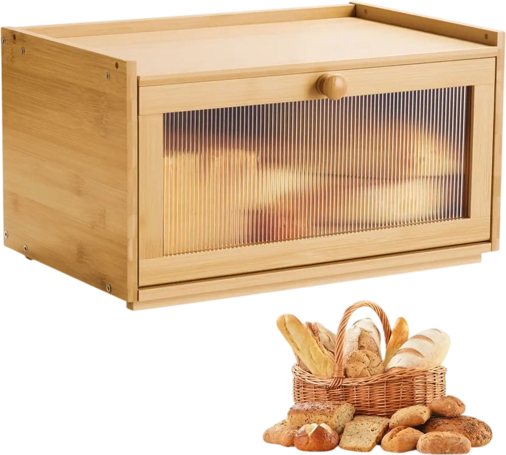 VEVOR Bread Box for Kitchen Counter, Large Capacity Bamboo Bread Storage Container, Farmhouse Wooden Breadbox Organizer for Homemade Bread, Storage Holder Bin with Acrylic Wavy Door Panel, Natural