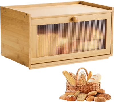 VEVOR Bread Box for Kitchen Counter, Large Capacity Bamboo Bread Storage Container, Farmhouse Wooden Breadbox Organizer for Homemade Bread, Storage Holder Bin with Acrylic Wavy Door Panel, Natural