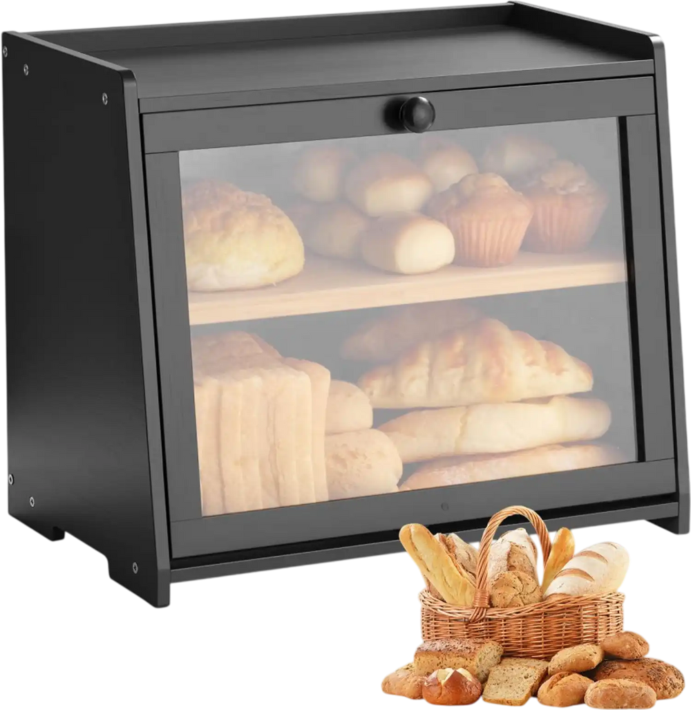 VEVOR Double Layer Bread Box for Kitchen Counter, Large Capacity Bamboo Bread Storage Container, Farmhouse Wooden Breadbox for Homemade Bread, Storage Holder Bin with Acrylic Wavy Door Panel, Black