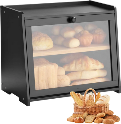 VEVOR Double Layer Bread Box for Kitchen Counter, Large Capacity Bamboo Bread Storage Container, Farmhouse Wooden Breadbox for Homemade Bread, Storage Holder Bin with Acrylic Wavy Door Panel, Black