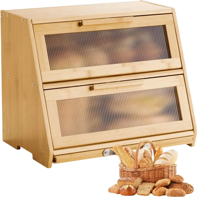 Vevor Bread Box Double-Layer Bamboo Storage Container Natural New