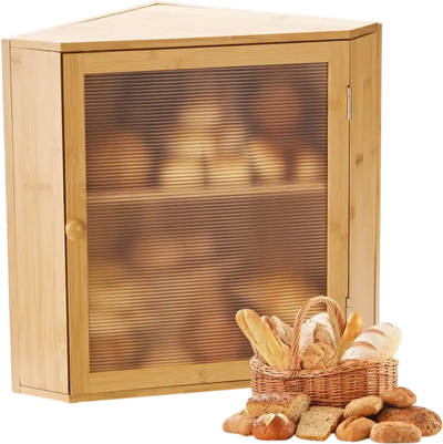 VEVOR Corner Bread Box for Kitchen Counter, Double Layer Large Capacity Bamboo Bread Storage Container, Farmhouse Wooden Breadbox for Homemade Bread, Storage Holder Bin with Acrylic Wavy Door, Natural
