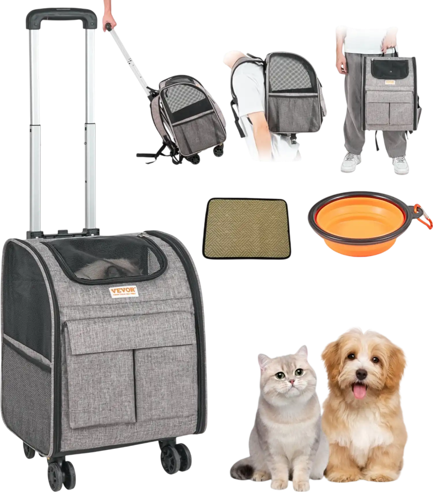 Vevor Pet Carrier Rolling Backpack with Removable Wheels Gray New