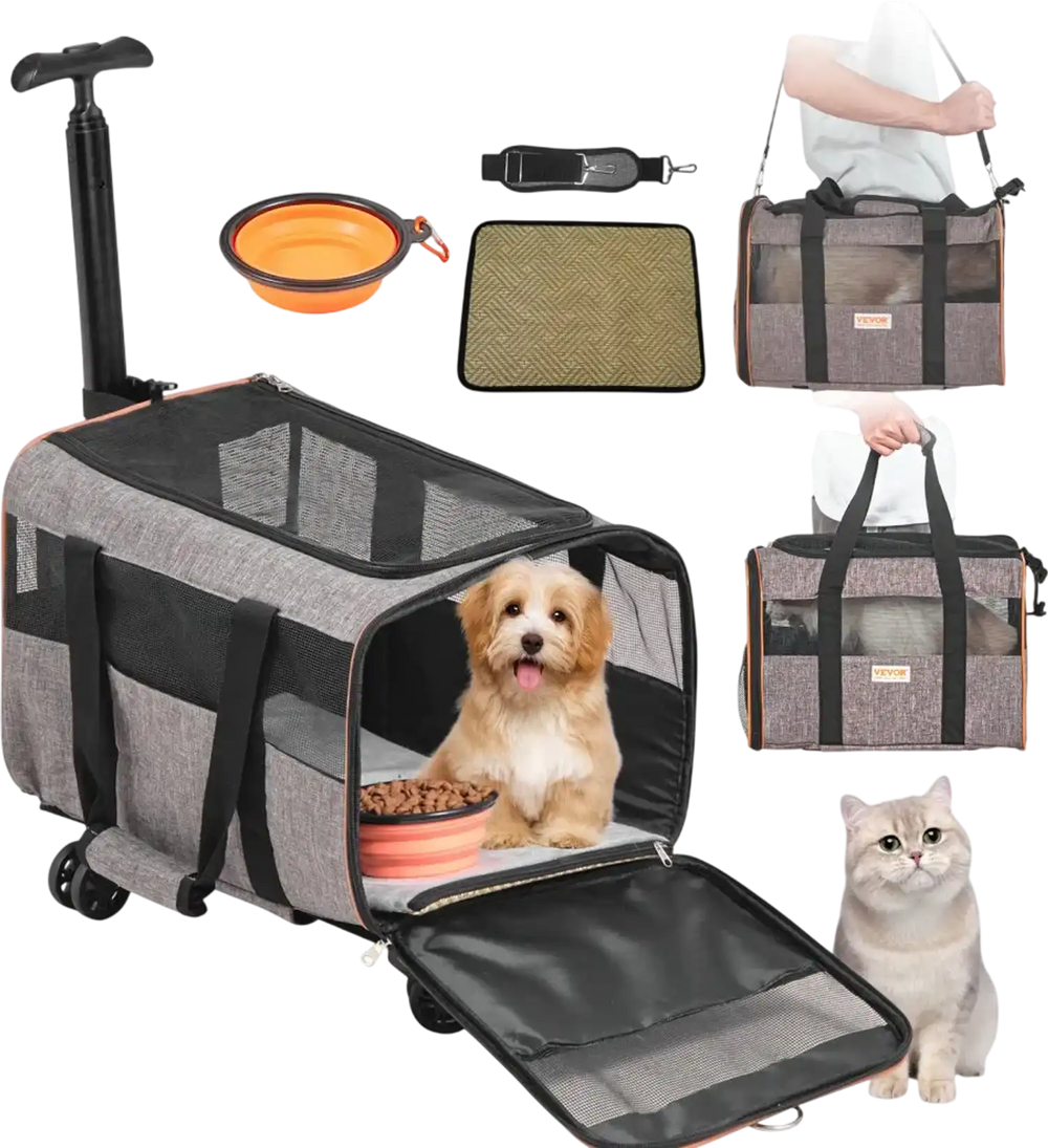 VEVOR Cat Carrier with Wheels, Airline Approved Rolling Pet Carrier with Telescopic Handle and Shoulder Strap, Dog Carrier with Wheels for Pets under 22 lbs, with 1 Folding Bowl, Grey