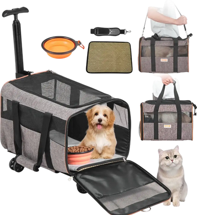 VEVOR Cat Carrier with Wheels, Airline Approved Rolling Pet Carrier with Telescopic Handle and Shoulder Strap, Dog Carrier with Wheels for Pets under 22 lbs, with 1 Folding Bowl, Grey