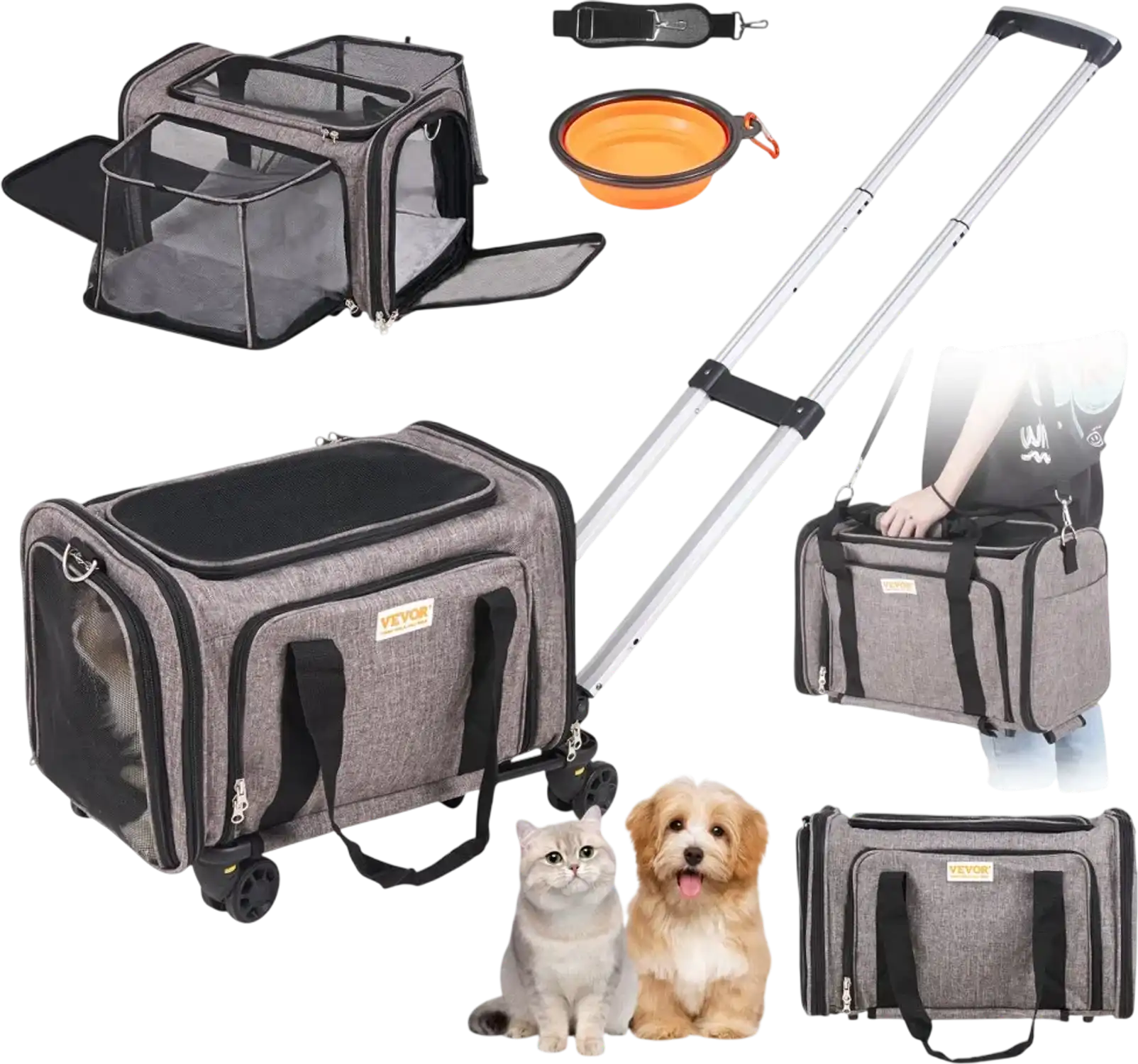 Vevor Pet Carrier Rolling Airline Approved with Wheels Telescopic Handle Shoulder Strap Gray New