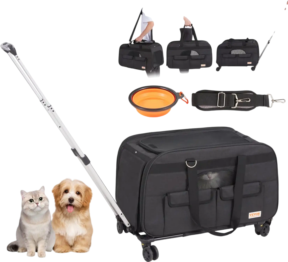 VEVOR Cat Carrier with Wheels, Rolling Pet Carrier with Telescopic Handle and Shoulder Strap, Dog Carrier with Wheels for Pets under 35 lbs, with 1 Folding Bowl, Black