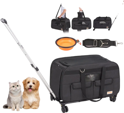 VEVOR Cat Carrier with Wheels, Rolling Pet Carrier with Telescopic Handle and Shoulder Strap, Dog Carrier with Wheels for Pets under 35 lbs, with 1 Folding Bowl, Black