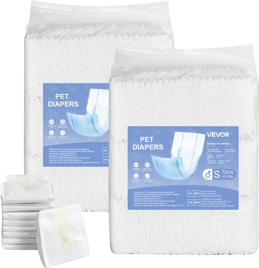 VEVOR Disposable Male Dog Diapers, Super Absorbent Male Dog Wraps, 360 ° Leak-Proof Belly Bands with Wetness Indicator for Doggies in Heat, Training, Incontinence - S, 144 Count (2 Packs of 72)