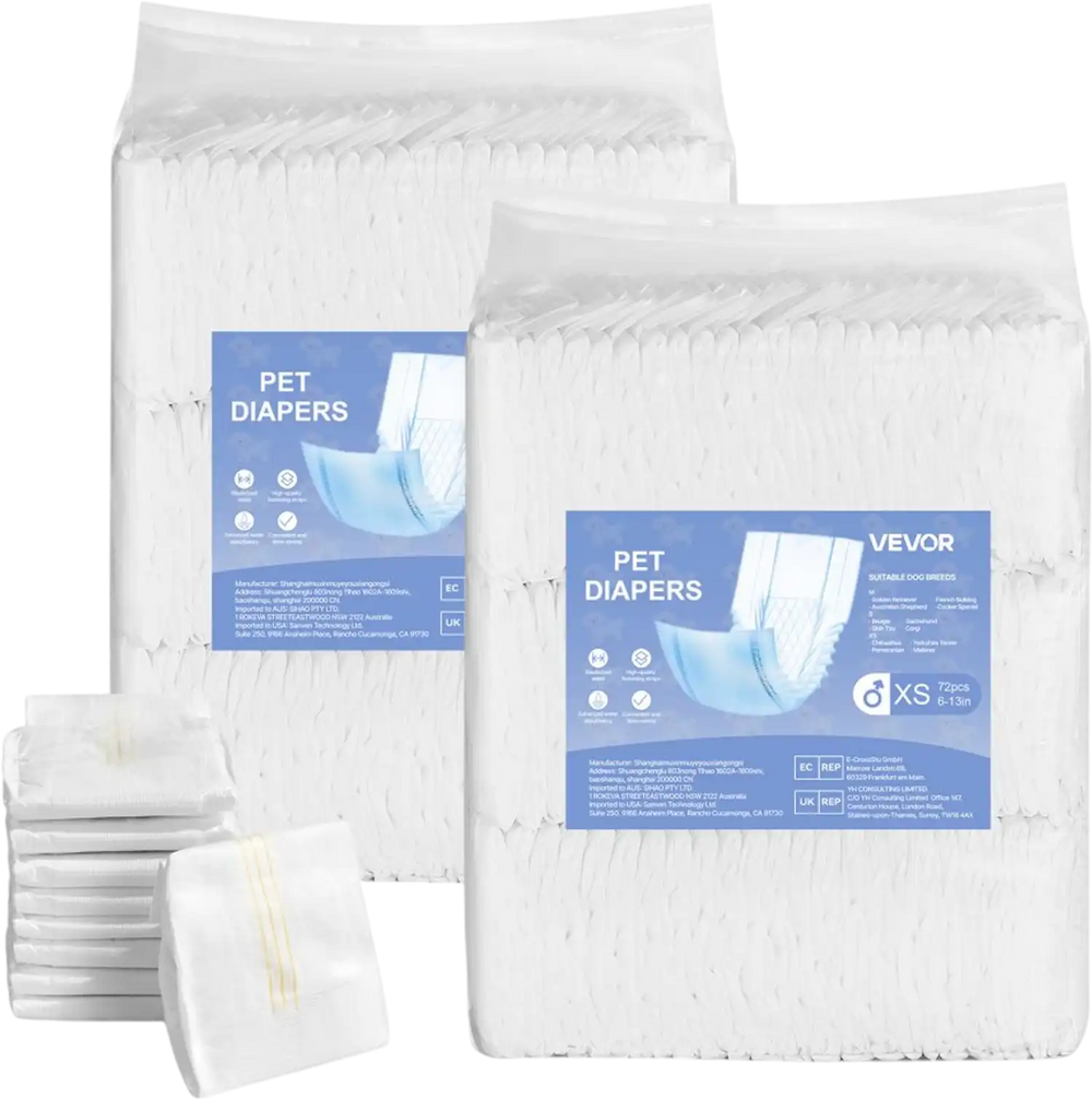 VEVOR Disposable Male Dog Diapers, Super Absorbent Male Dog Wraps, 360 ° Leak-Proof Belly Bands with Wetness Indicator for Doggies in Heat, Training, Incontinence - XS, 144 Count (2 Packs of 72)