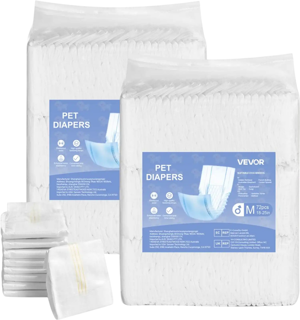 VEVOR Disposable Male Dog Diapers, Super Absorbent Male Dog Wraps, 360 ° Leak-Proof Belly Bands with Wetness Indicator for Doggies in Heat, Training, Incontinence - M, 144 Count (2 Packs of 72)
