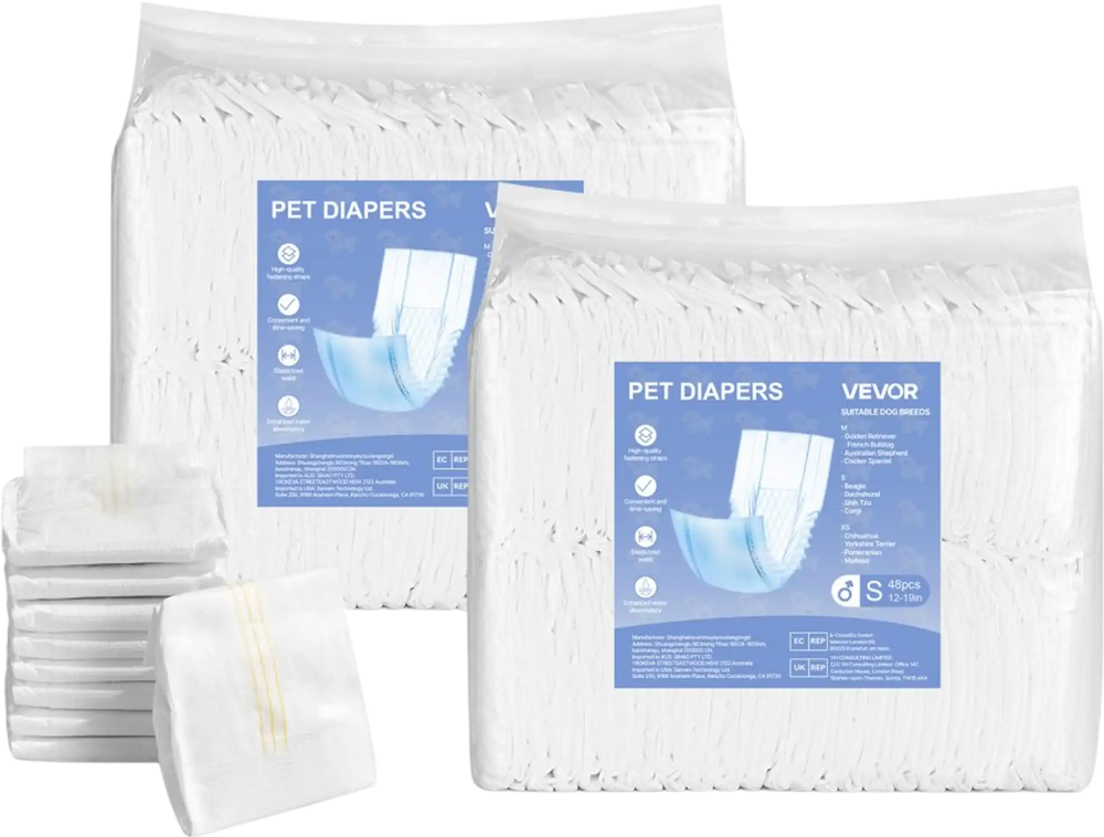 VEVOR Disposable Male Dog Diapers, Super Absorbent Male Dog Wraps, 360 ° Leak-Proof Belly Bands with Wetness Indicator for Doggies in Heat, Training, Incontinence - S, 96 Count (2 Packs of 48)
