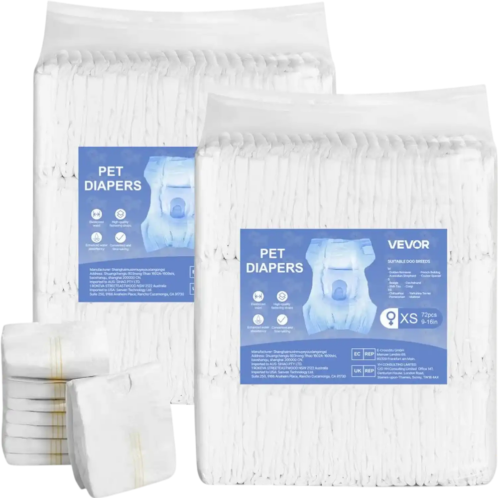 VEVOR Disposable Dog Diapers, Super Absorbent Female Dog Diapers, 360° Leak-Proof Female Doggy Pet Diaper with Wetness Indicator for Heat Period, Training, Incontinence - XS, 144 Count (2 Packs of 72)