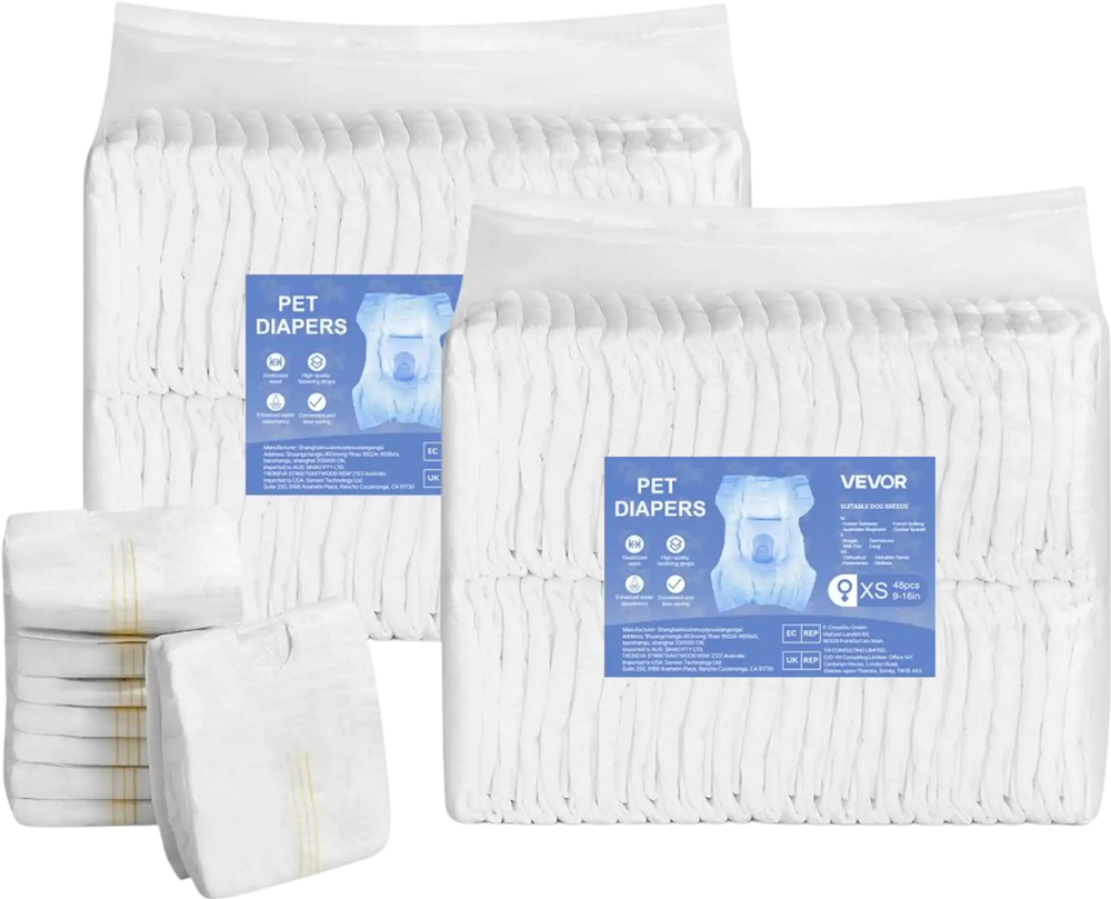 VEVOR Disposable Dog Diapers, Super Absorbent Female Dog Diapers, 360° Leak-Proof Female Doggy Pet Diaper with Wetness Indicator for Heat Period, Training, Incontinence - XS, 96 Count (2 Packs of 48)