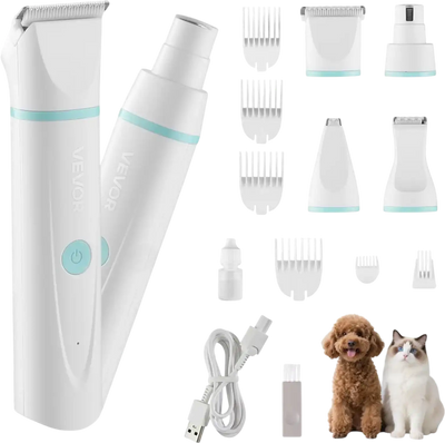 VEVOR Dog Clippers for Grooming, 4 in 1 Dog Grooming Kit, Low Noise, Rechargeable Pet Shaver with 6 Combs & 4 Detachable Blades, Waterproof Cordless Pet Hair Trimmers Nail Grinder Set for Dogs Cats