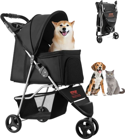 VEVOR Pet Stroller, 35 lbs Weight Capacity, Foldable Dog Stroller Cart, 3 Wheels Cats Stroller with Mesh Windows and Cup Holders, Portable Pet Carrier Stroller with Brake, for Small to Medium Pets