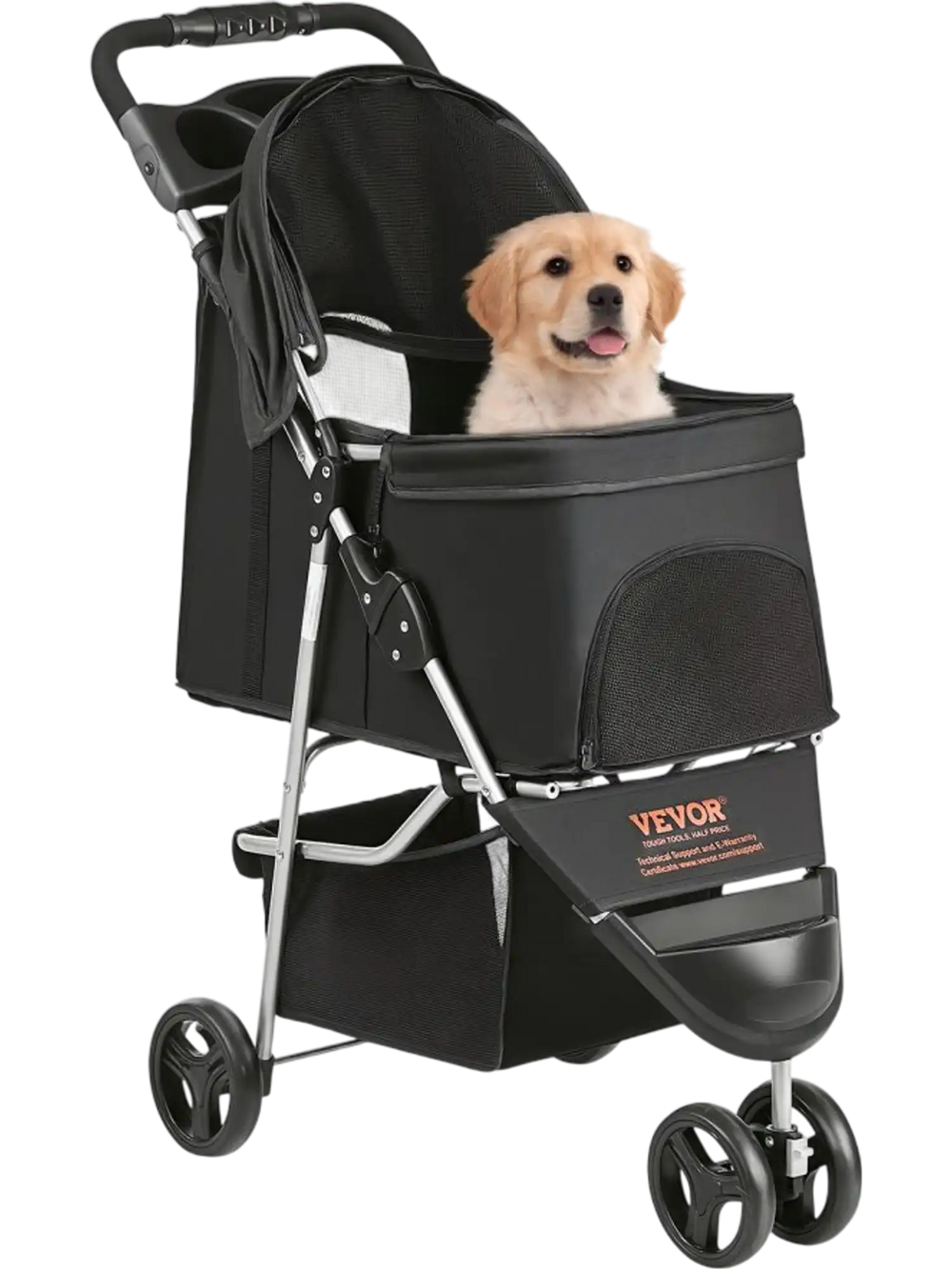 VEVOR Pet Stroller, 3 Wheels Dog Stroller Rotate with Brakes, 35lbs Weight Capacity, Puppy Stroller with Front Pedal, Velcro, Storage Basket and Cup Holder, for Dogs and Cats Travel, Black
