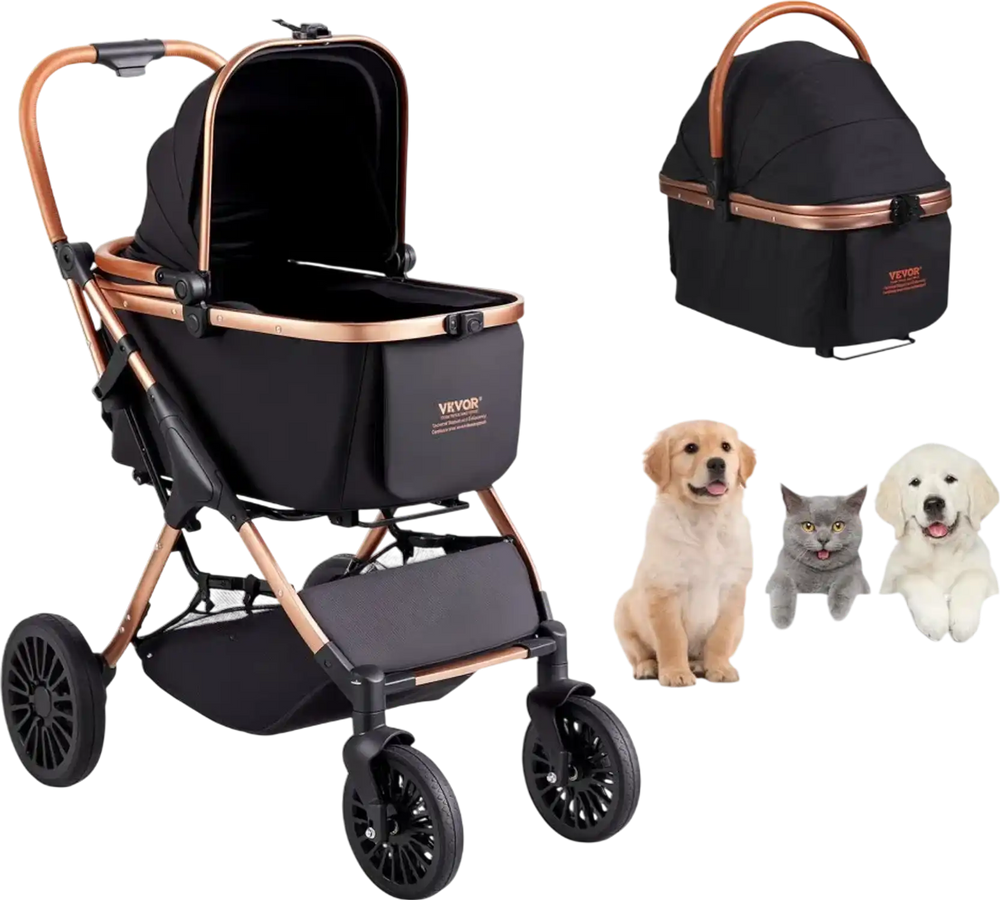 VEVOR Pet Stroller, 4 Wheels Dog Stroller Rotate with Brakes, 66 lbs Weight Capacity, Puppy Stroller with Detachable Carrier, Storage Basket and Pet Pad, for Small to Medium Sized Dogs, Black