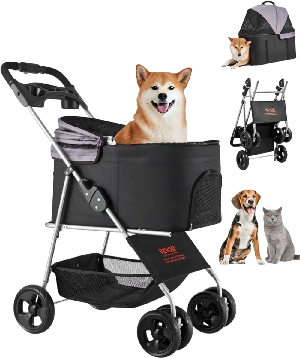 VEVOR Pet Stroller, 35 lbs Weight Capacity, Foldable Dog Stroller Cart, 4 Wheels Cats Pram with Detachable Carrier & Mesh Windows, Portable Animal Carrier with Brake for Small to Medium Pets