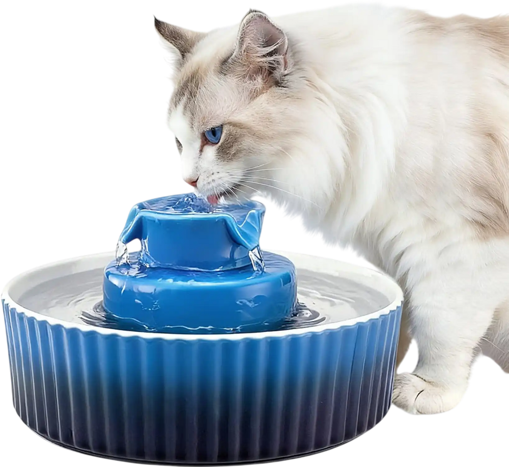 VEVOR Ceramic Cat Water Fountain, 2.1L/71oz Cupcake Pet Fountain, Porcelain Cat Water Dispenser with Ultra-Quiet Pump, 360° Drinking Area and Multi-Layer Filtration System, for Cats and Dogs (Blue)