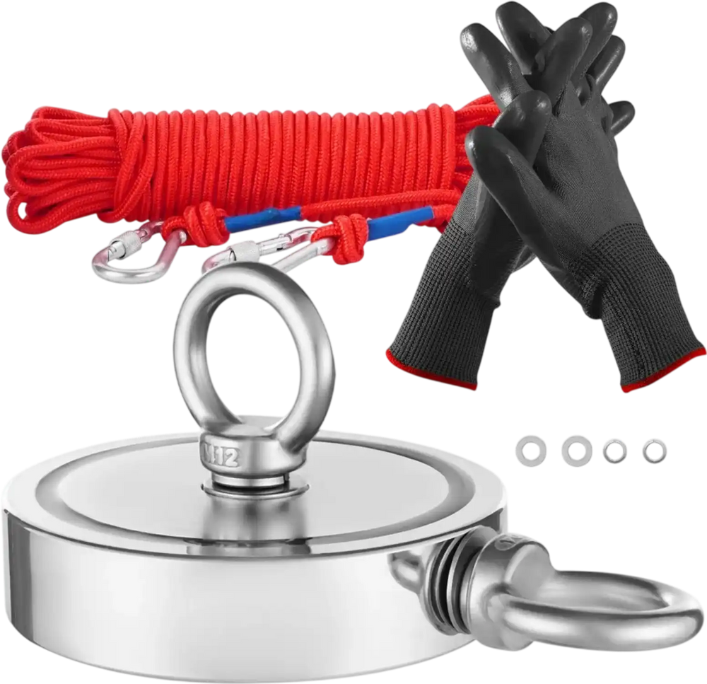 VEVOR Magnet Fishing Kit, 2000 LBS/907 Kg Double-Sided Pulling Force Strong Magnet Fishing Kit, Rare Earth Neodymium Magnetic Fishing Kit Includes Grappling Hook, Heavy Duty Rope, Gloves and Eyebolt