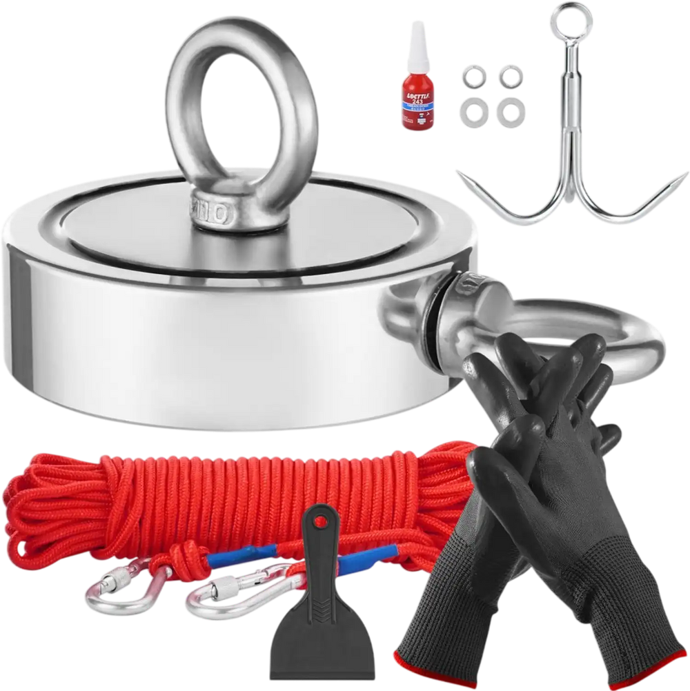 VEVOR Magnet Fishing Kit, 1700 LBS/771 Kg Double-Sided Pulling Force Strong Magnet Fishing Kit, Rare Earth Neodymium Magnetic Fishing Kit Includes Grappling Hook, Heavy Duty Rope, Gloves and Eyebolt