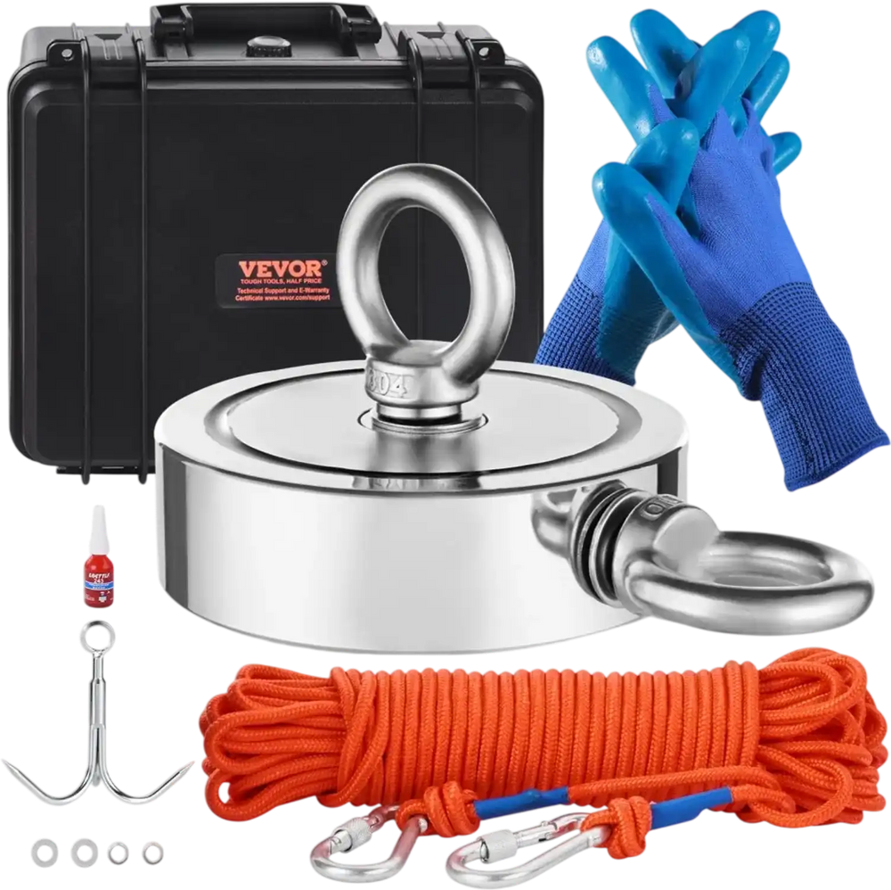 VEVOR Magnet Fishing Kit, 1400 LBS/635 Kg Double-Sided Pulling Force Magnet Fishing Kit, Rare Earth Neodymium Magnetic Fishing Kit Includes Grappling Hook, Heavy Duty Rope, Gloves, Eyebolt, Carry Case