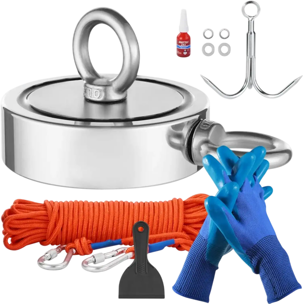VEVOR Magnet Fishing Kit, 1700 LBS/771 Kg Double-Sided Pulling Force Strong Magnet Fishing Kit, Rare Earth Neodymium Magnetic Fishing Kit Includes Grappling Hook, Heavy Duty Rope, Gloves and Eyebolt