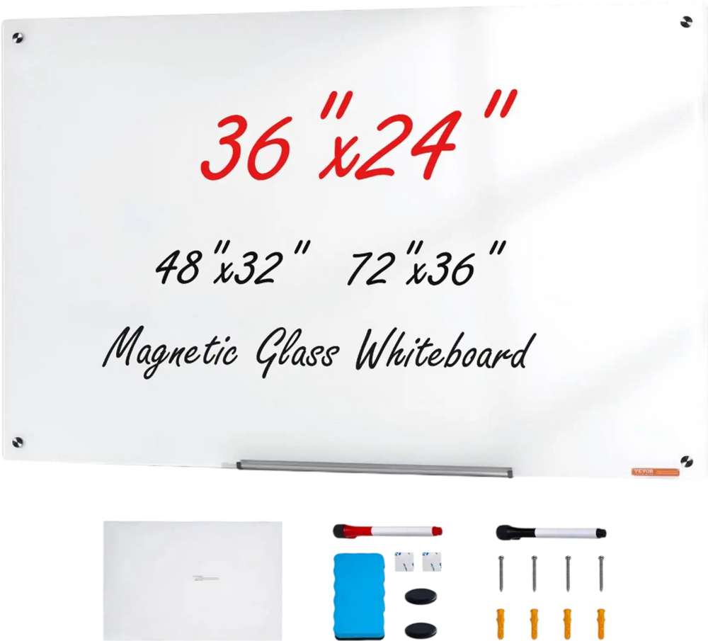 VEVOR Magnetic Glass Whiteboard, Dry Erase Board 36"x24", Wall-Mounted Large White Glassboard Frameless, with Marker Tray, an Eraser and 2 Markers, White