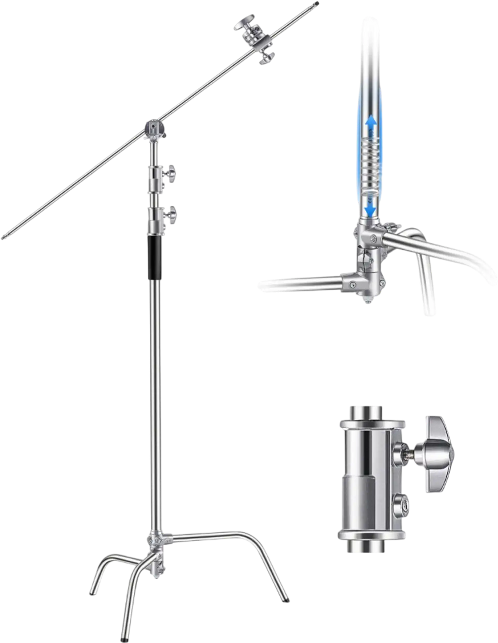 VEVOR C Stand with Boom Arm, Max Height 10.83 ft/330 cm, Stainless Steel Heavy Duty Photography Light Stand with 4.8-9.8 ft Adjustable Height, 2 Grip Head for Studio Monolight, Softbox, Reflector