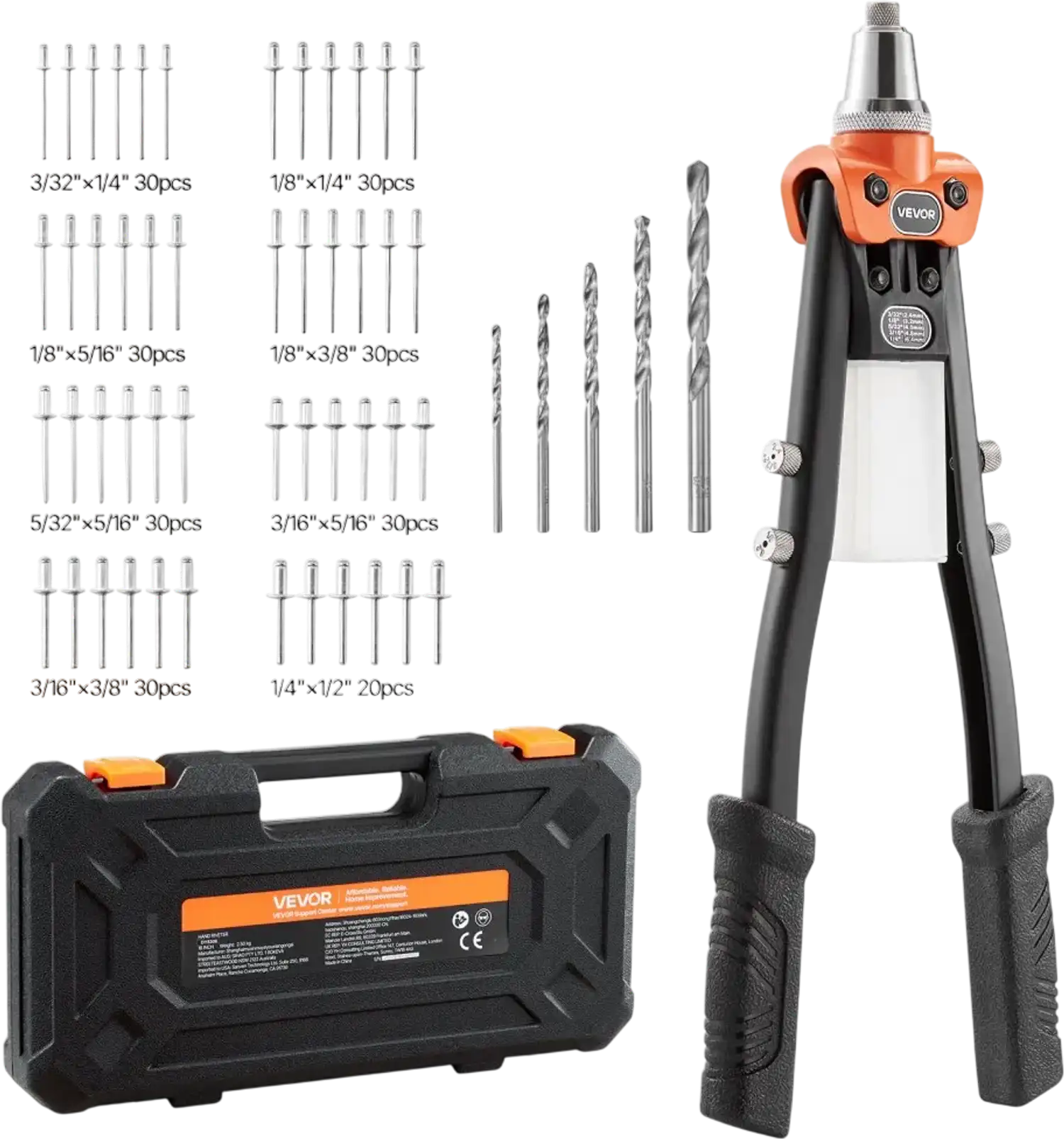 Vevor Rivet Gun Kit Manual Pop Riveter with 230 Blind Rivets, 5 Nosepieces, 5 Drill Bits & Carrying Case New