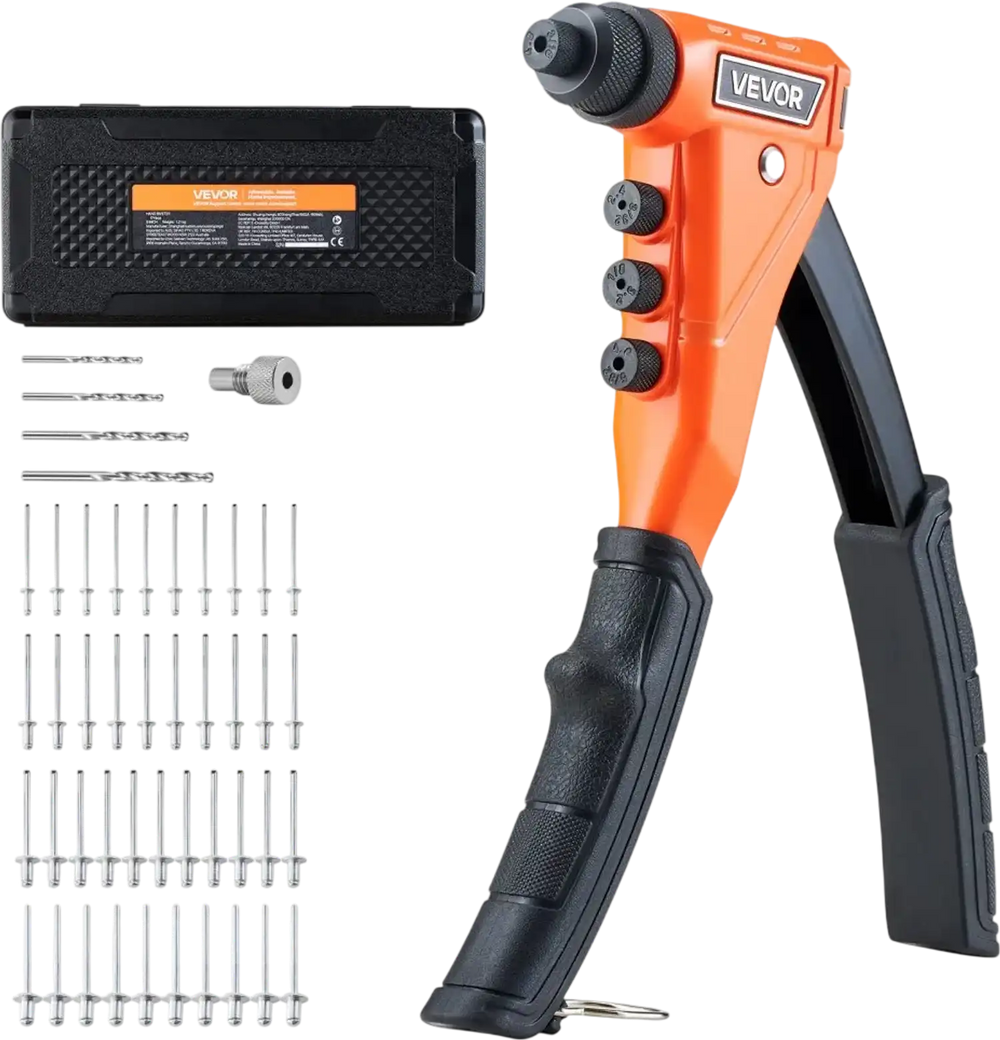 VEVOR Pop Rivet Gun Kit, with 200 Blind Rivets, Heavy Duty Single Hand Riveter with 4 Interchangeable Nosepieces, 4 Drill Bits, and a Carrying Case, Manual Riveting Tool for Metal, Automotive, Home