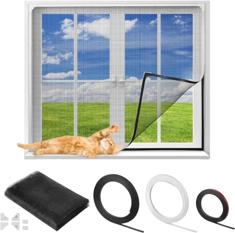 VEVOR Magnetic Window Screen,  58.27 x 39.17 inch PVC and Fiberglass Mesh, White Frames with Black Magnetic Strip and Wind Clips, No Drilling Easy Installation, Magnetic Screen for House Window