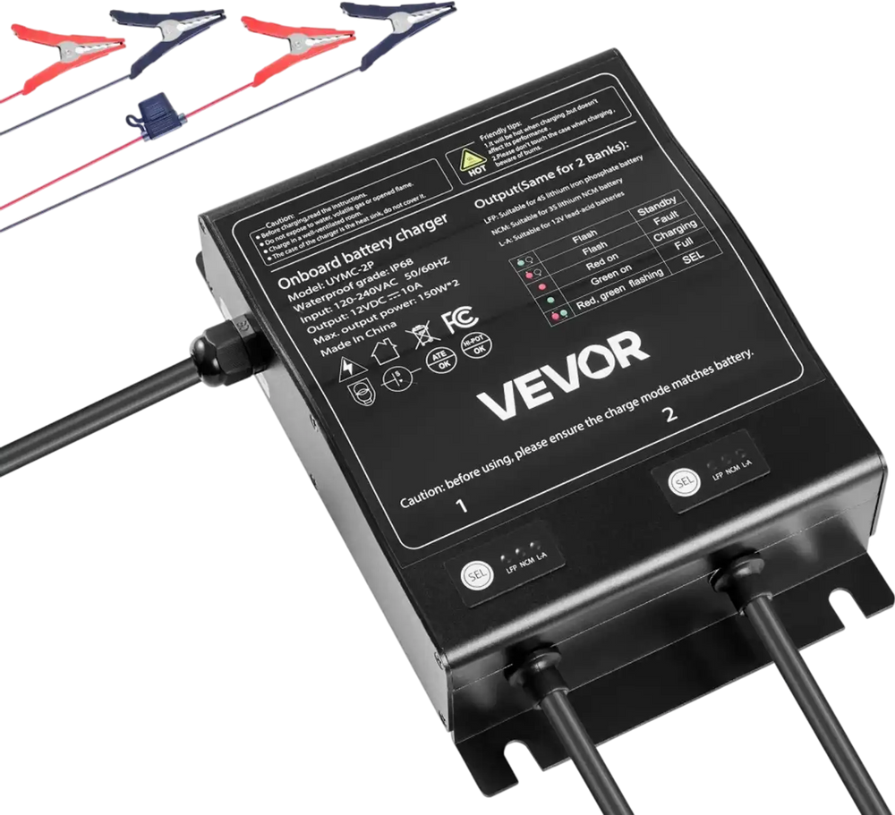 VEVOR Marine Battery Charger, 2-Bank, 10A 12V Onboard Boat Charger, IP68 Waterproof Smart On-Board Battery Charger, for Lithium-Ion (LiFePO4), NCM, Lead-Acid Batteries, Large Boat, Yacht, RV, Trailer